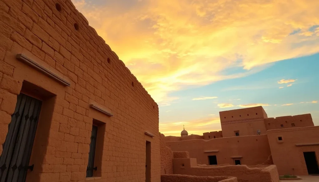 Image of Diriyah's historical mud-brick architecture at sunset