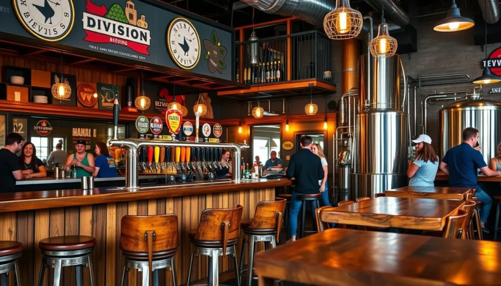 Image of Division Brewing's taproom with a variety of beers on tap