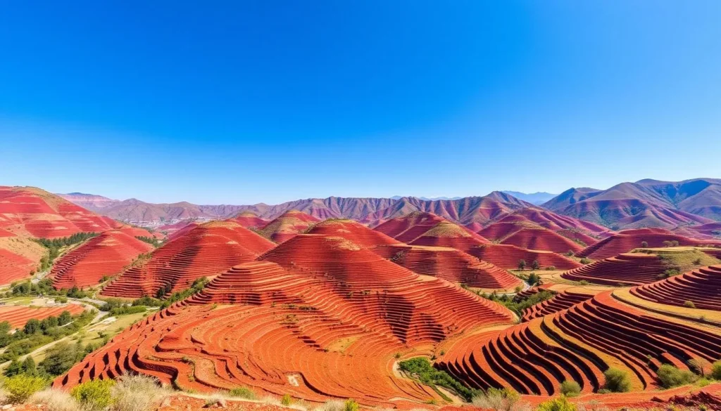 Image of Dongchuan Red Land with vibrant red soil and terraced fields