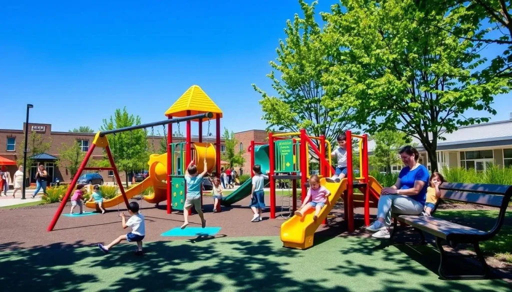 Image of Downtown Commons playground with kids playing and parents watching