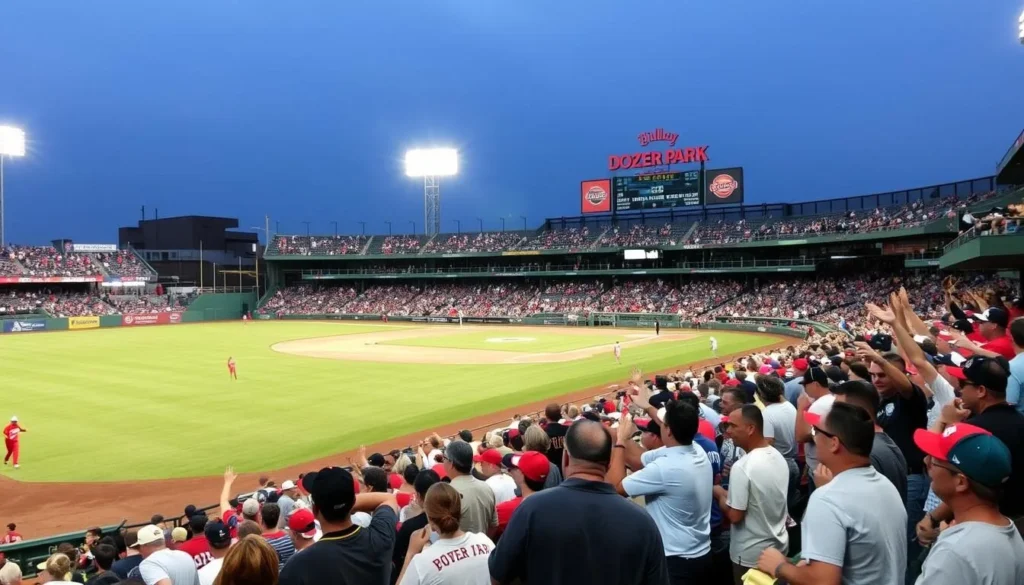 Image of Dozer Park, home of the Peoria Chiefs baseball team, with a lively crowd cheering on their team.