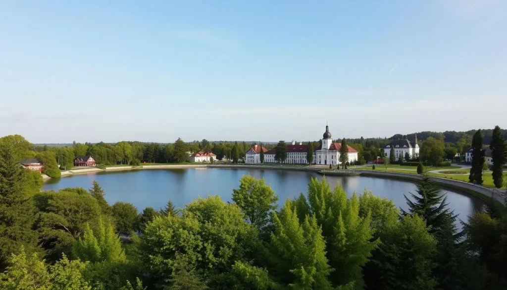 Image of Druskininkai spa town with a serene lake view