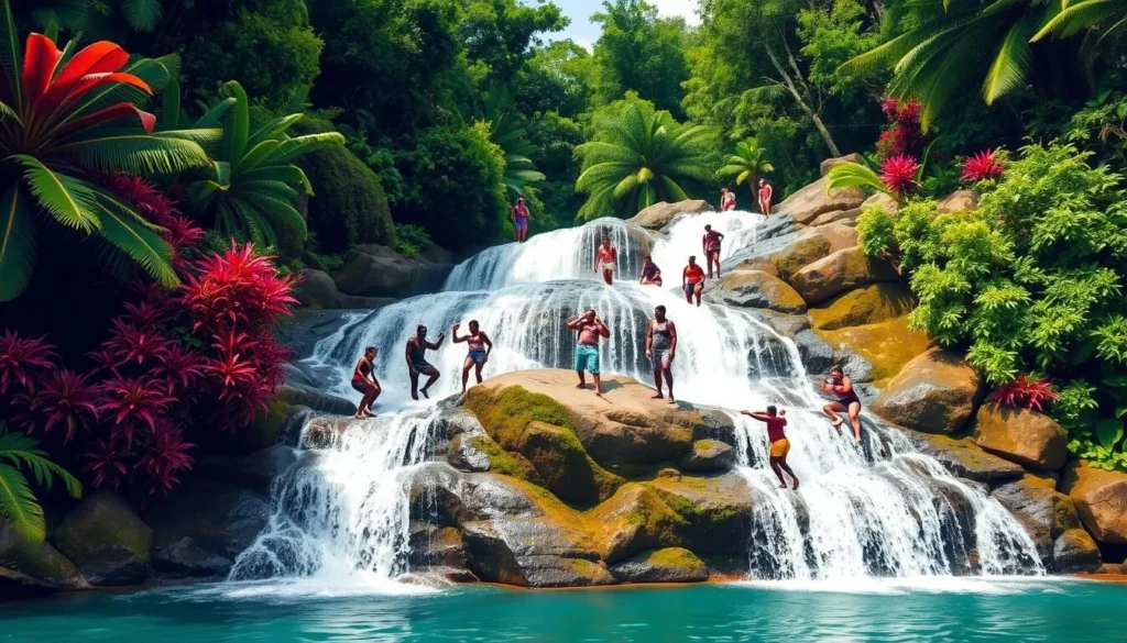 Image of Dunn's River Falls with lush surroundings and people climbing the falls