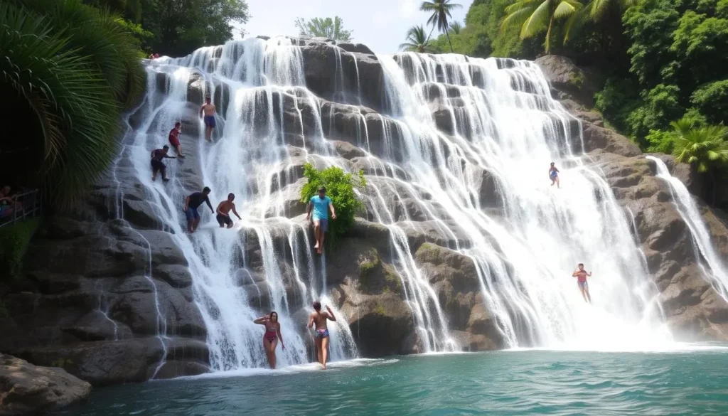 Image of Dunn's River Falls with people climbing the falls