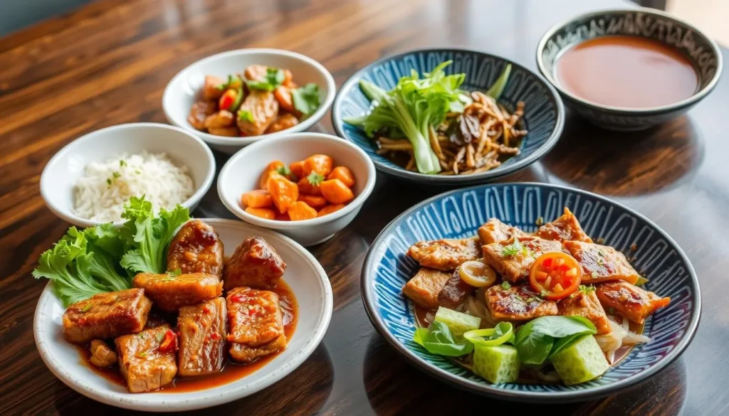 Image of Eight Treasures Vegetarian Restaurant's creative vegetarian dishes, featuring mock meats and innovative plant-based ingredients.