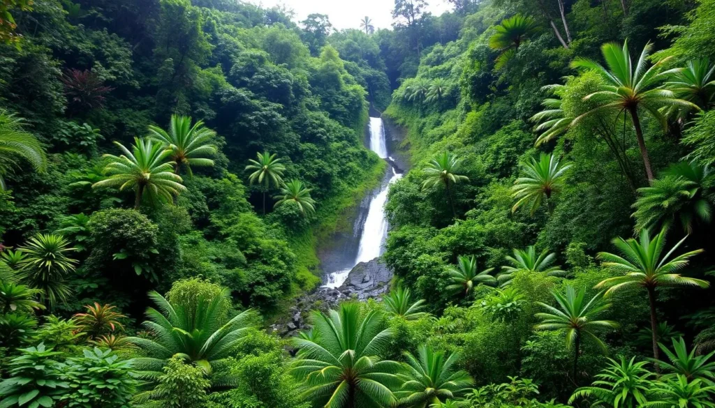 Image of El Yunque National Forest with lush vegetation and a waterfall