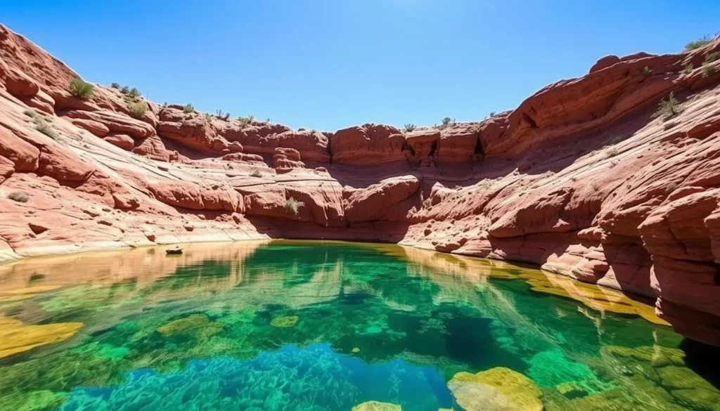 Image of Ellery Creek Big Hole with crystal-clear water surrounded by red rocks