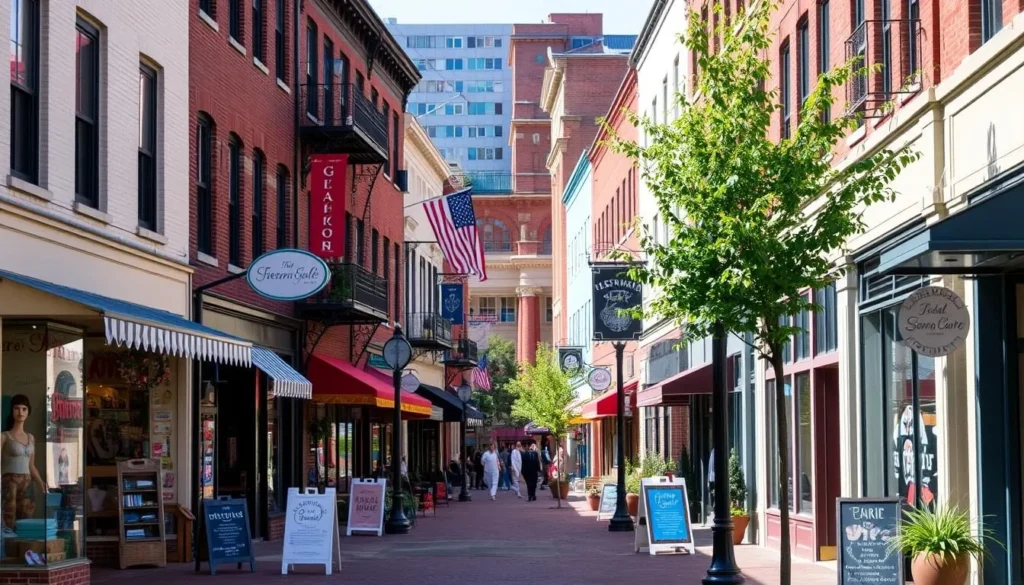 Image of Elm Street in downtown Greensboro with unique boutiques and specialty shops
