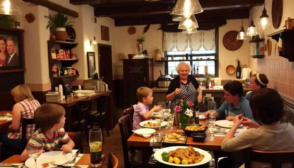 Image of Enoteca Maria's dining area with a "Nonna" cooking in the kitchen