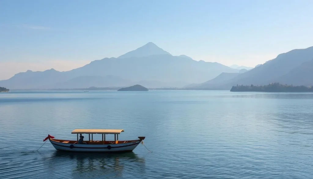 Image of Erhai Lake with a boat in the foreground and Cangshan Mountain in the background