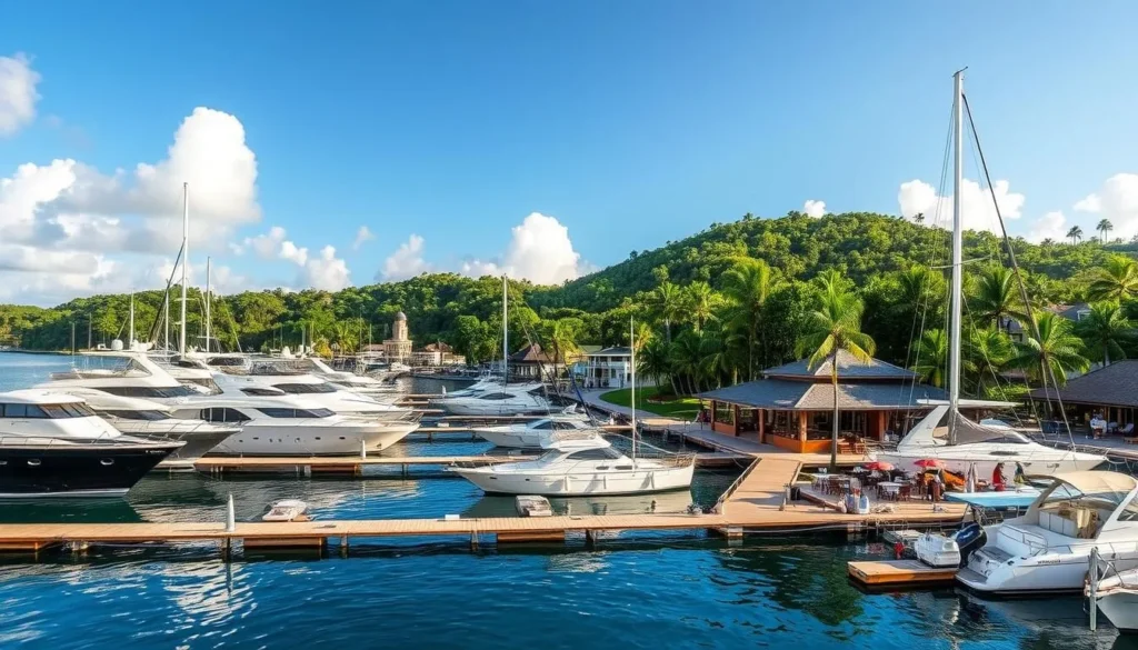 Image of Errol Flynn Marina, Port Antonio, with luxury yachts and waterfront dining