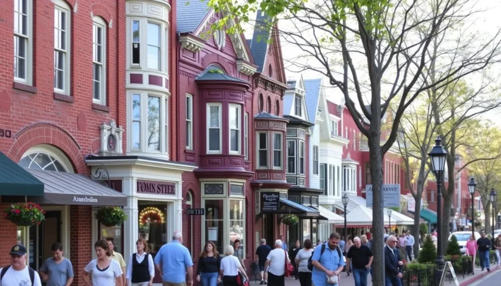 Image of Fairhaven Historic District with red-brick Victorian architecture and bustling sidewalks