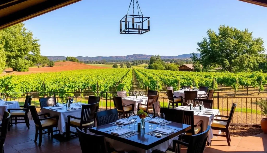 Image of Farmstead at Long Meadow Ranch's elegant dining area surrounded by lush vines