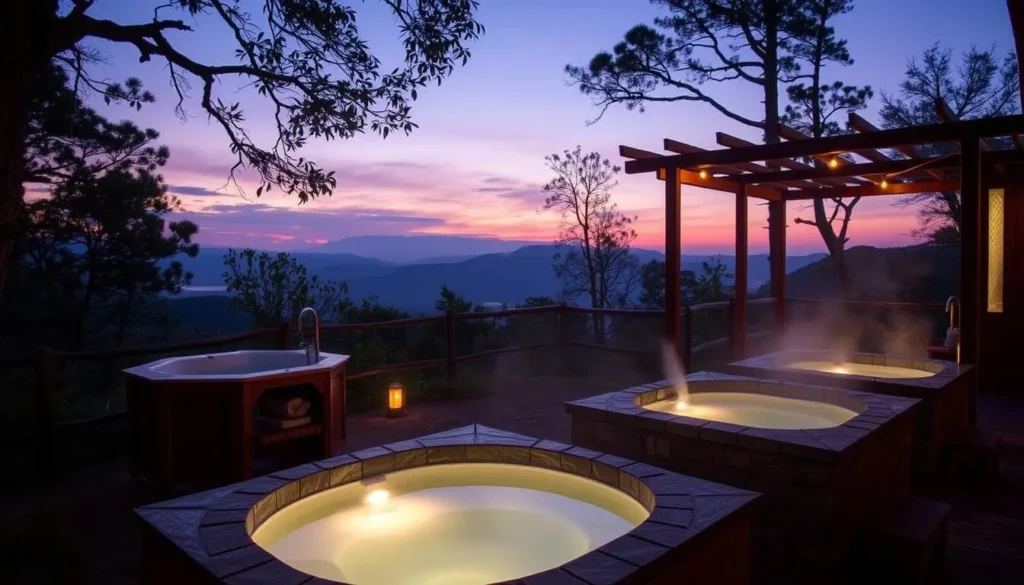 Image of Fern and Feather Retreat's outdoor baths at dusk