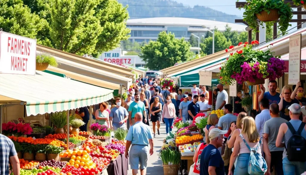 Image of Fishers Farmers' Market with vendors selling fresh produce and flowers