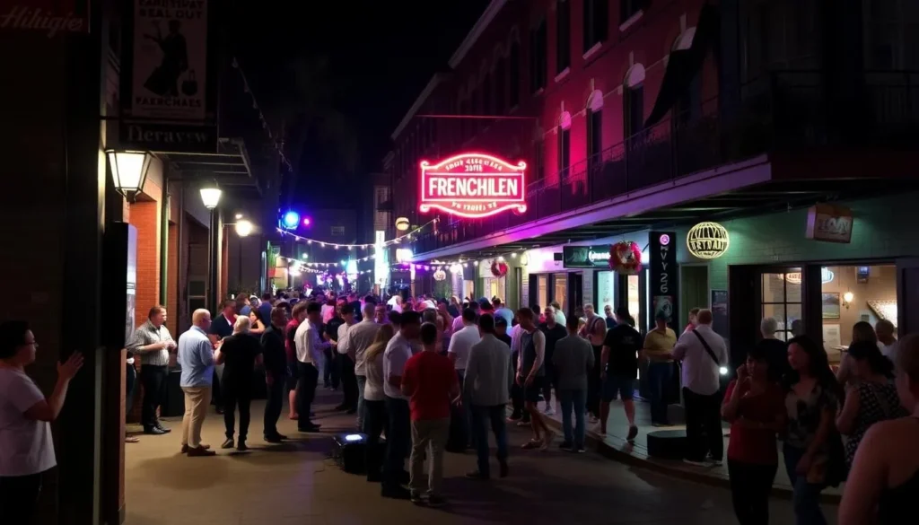 Image of Frenchmen Street at night with live music spilling out onto the sidewalk