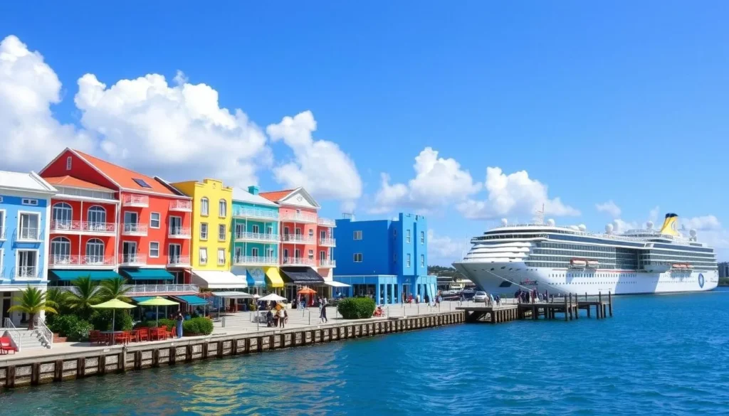 Image of George Town waterfront with colorful buildings and a cruise ship docked in the background