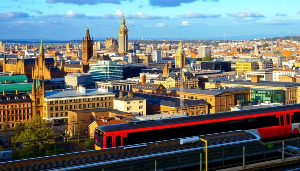 Image of Glasgow cityscape with a train in the foreground