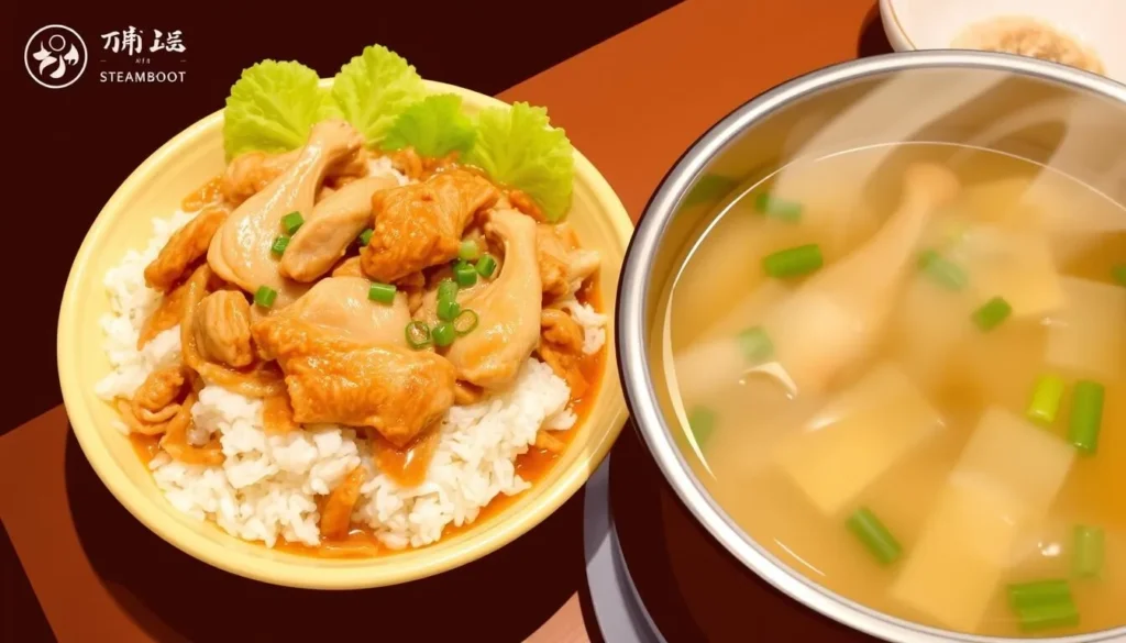 Image of Golden Mile Thien Kee Steamboat's signature dish, Hainanese chicken rice served alongside a steaming pot of steamboat.