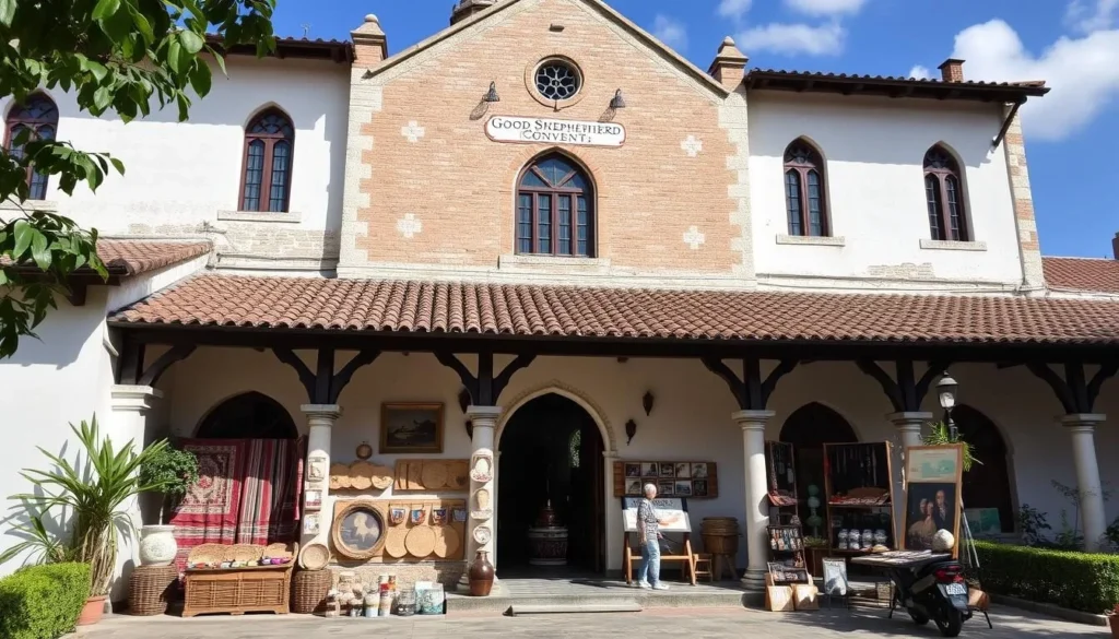 Image of Good Shepherd Convent, with its iconic architecture and displays of local products