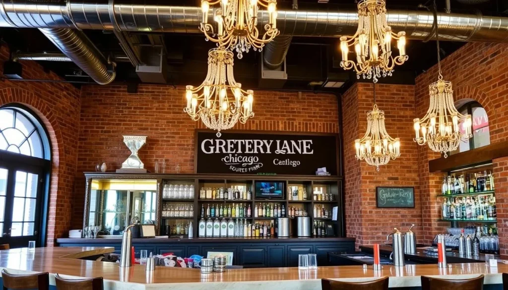 Image of Grainery Lane's interior with its original Chicago-sourced bar top and sparkling chandeliers