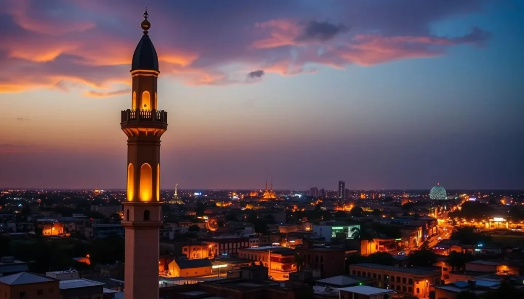 Image of Grande Mosque's minaret with the cityscape of Niamey in the background