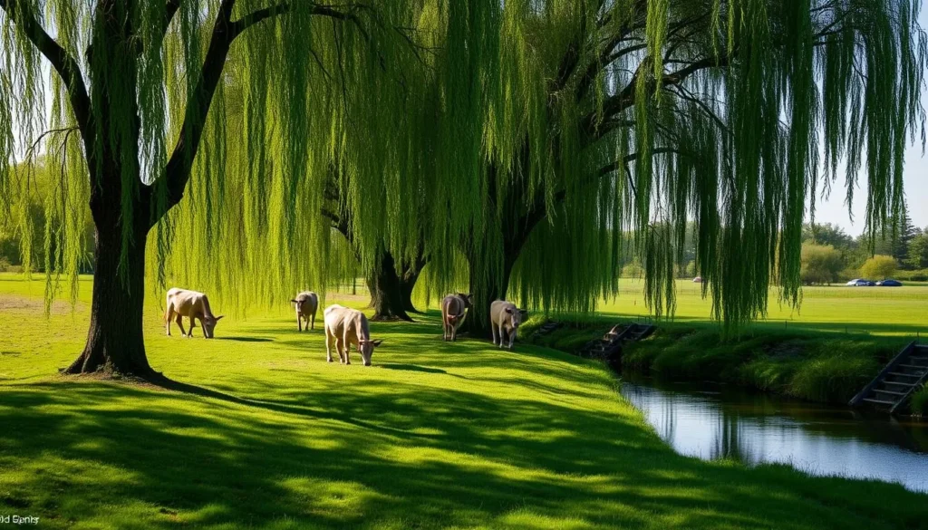 Image of Grantchester Meadows with cows grazing under willow trees along the River Cam
