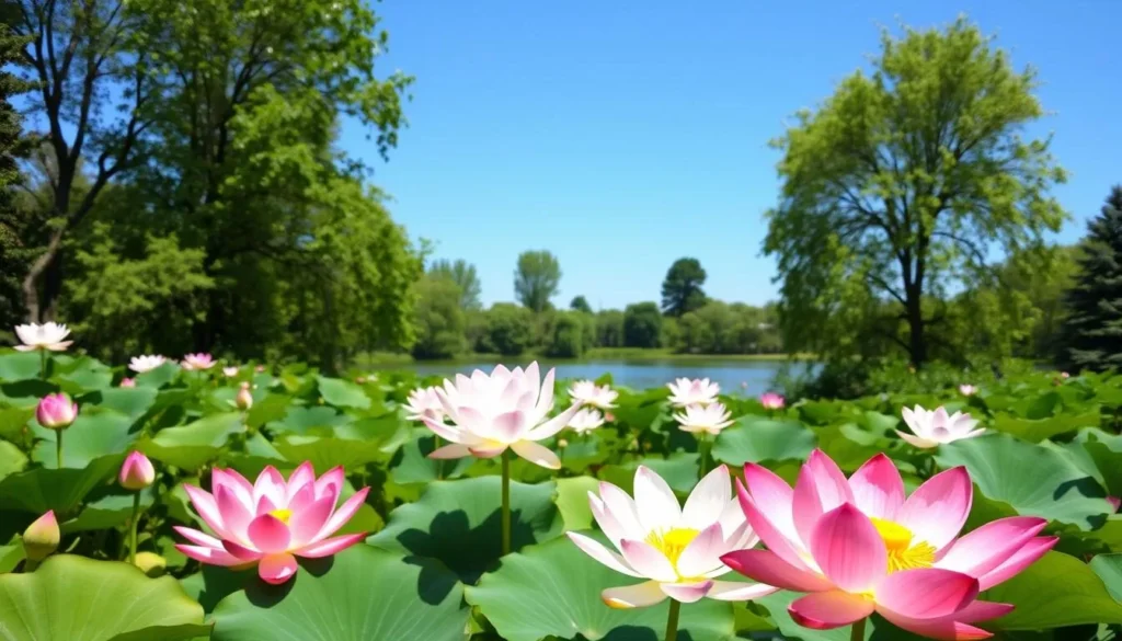 Image of Green Lake Park with lotus flowers blooming in the summer