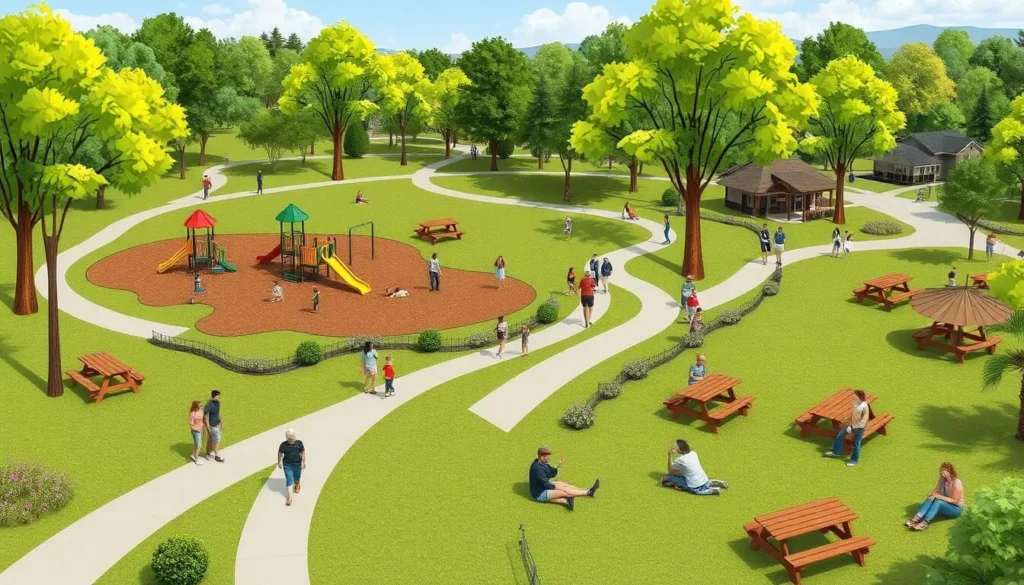 Image of Gulley Park, showcasing its playground, walking trails, and picnic areas.