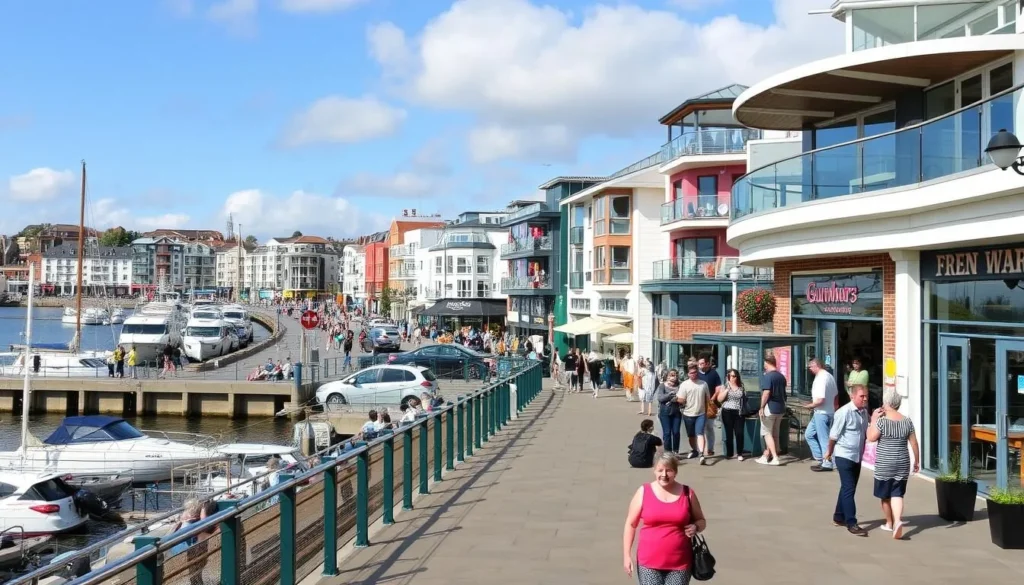 Image of Gunwharf Quays waterfront with shopping and dining options