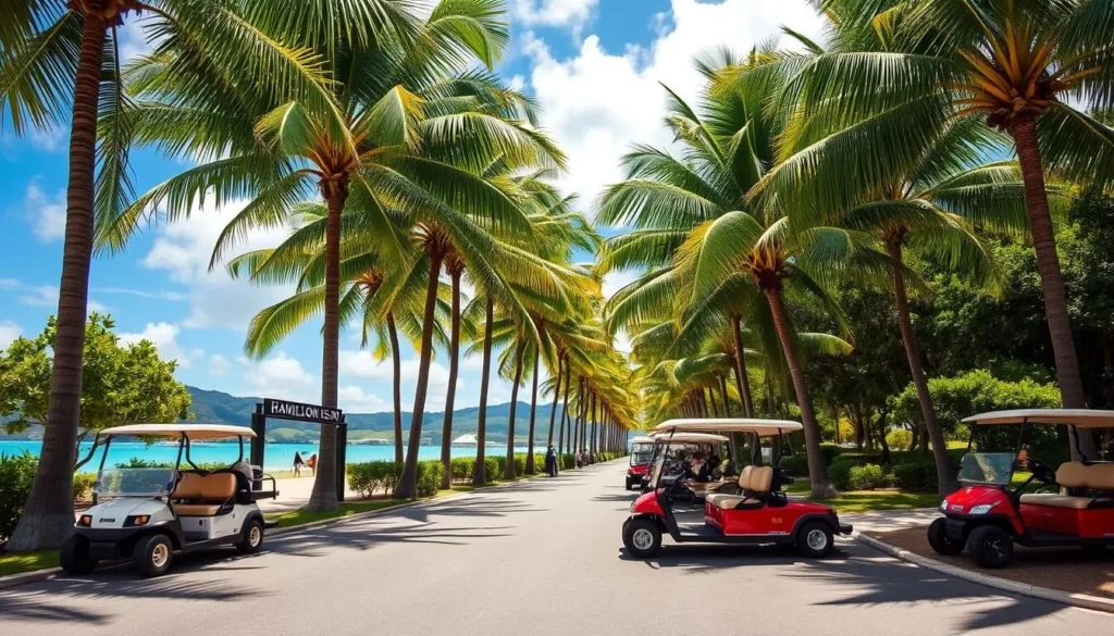 Image of Hamilton Island with golf buggies and palm trees