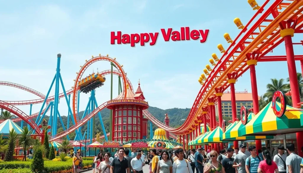 Image of Happy Valley theme park in Shenzhen, China, with roller coasters and other attractions