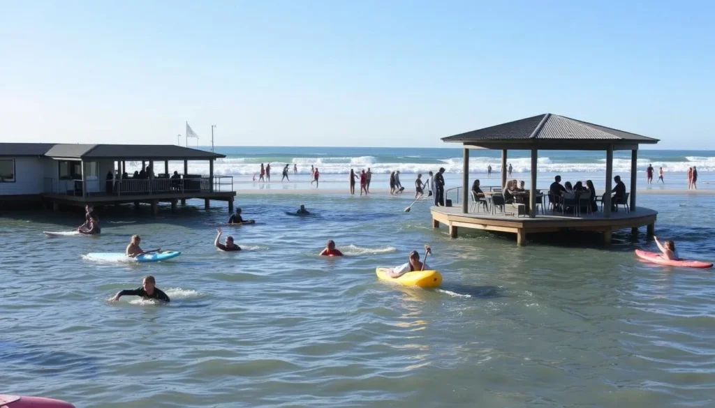 Image of Henley Beach with people enjoying water sports and dining at a cafe
