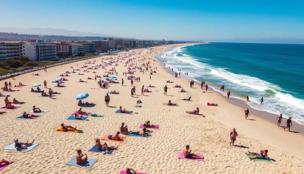 Image of Hermosa Beach with people enjoying various beach activities