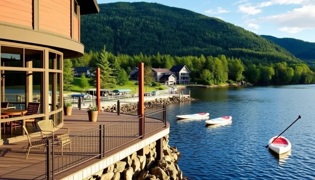 Image of High Peaks Resort in Lake Placid with a lakefront patio and paddleboards