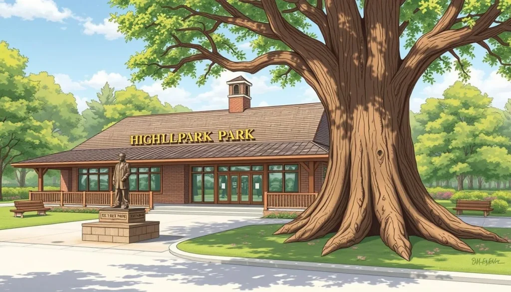 Image of Highland Park visitor center with "Old Ben" and the giant sycamore tree stump