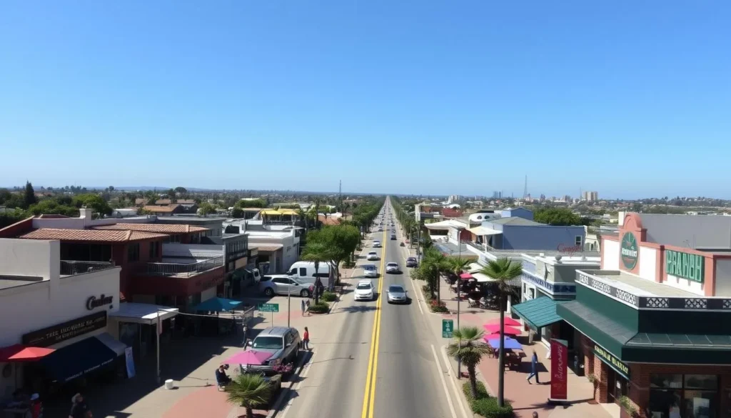 Image of Highway 101 in Encinitas with various shops and cafes
