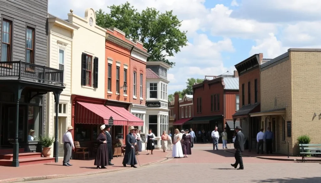 Image of Historic Collinsville's main street with historic buildings and interpreters in period clothing