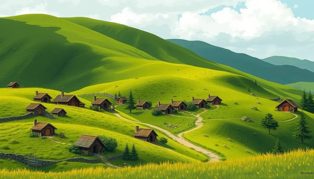 Image of Hobbiton Movie Set with rolling green hills and hobbit holes