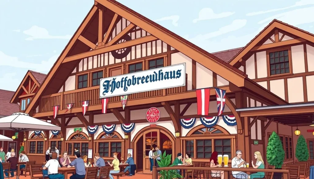 Image of Hofbräuhaus Newport's exterior with a traditional German beer hall atmosphere