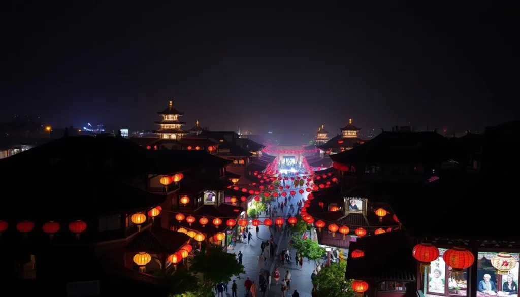 Image of Hongyadong at night with red lanterns lit