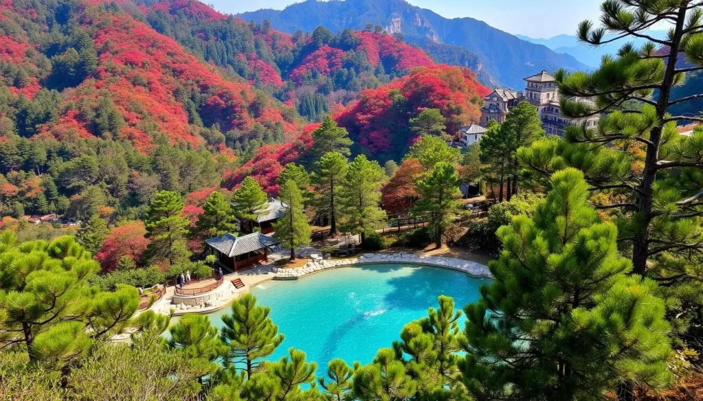Image of Huangshan Hot Spring surrounded by lush pine forests