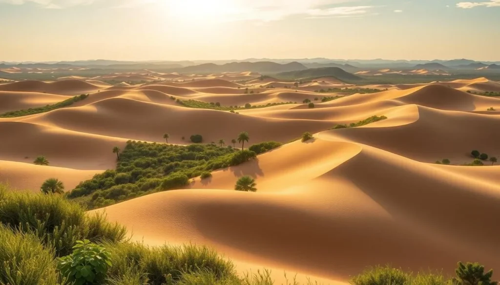 Image of Hunshadake Sandy Land with golden sand dunes and green vegetation