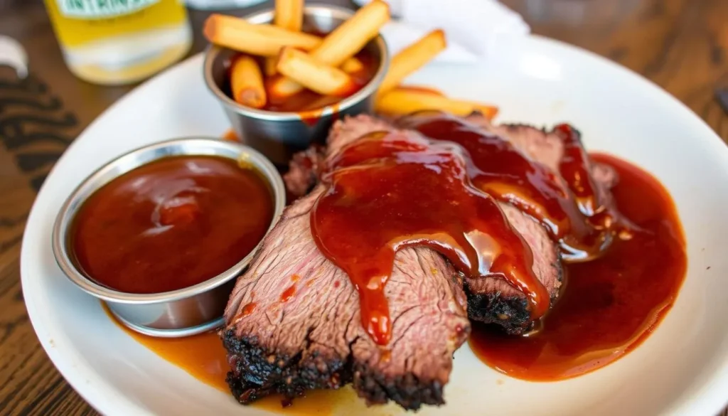 Image of Intrinsic Smokehouse & Brewery's signature dish, a smoked brisket with a side of barbecue sauce