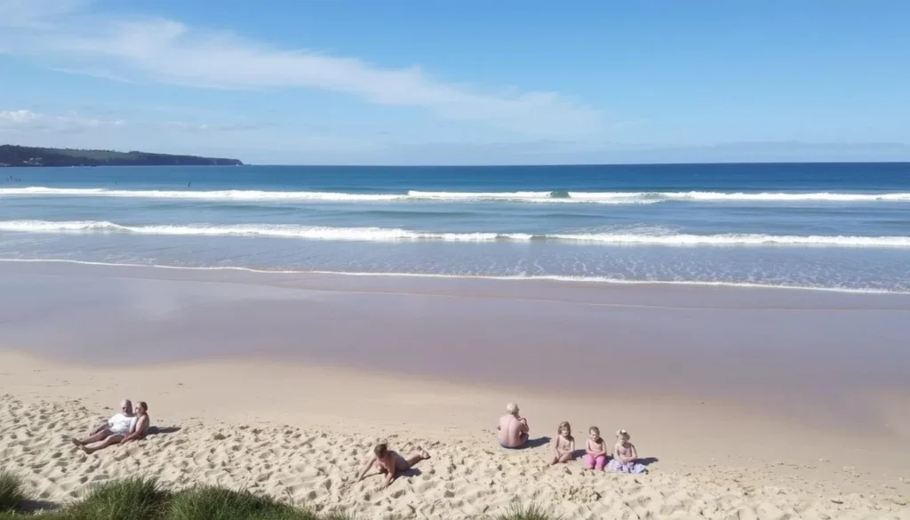 Image of Inverloch Main Beach with calm waters and families enjoying the shore