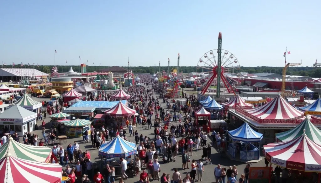 Image of Iowa State Fair grounds with crowds and colorful exhibits