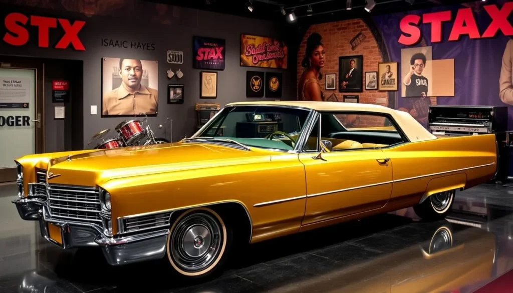 Image of Isaac Hayes' gold-trimmed Cadillac on display at the Stax Museum