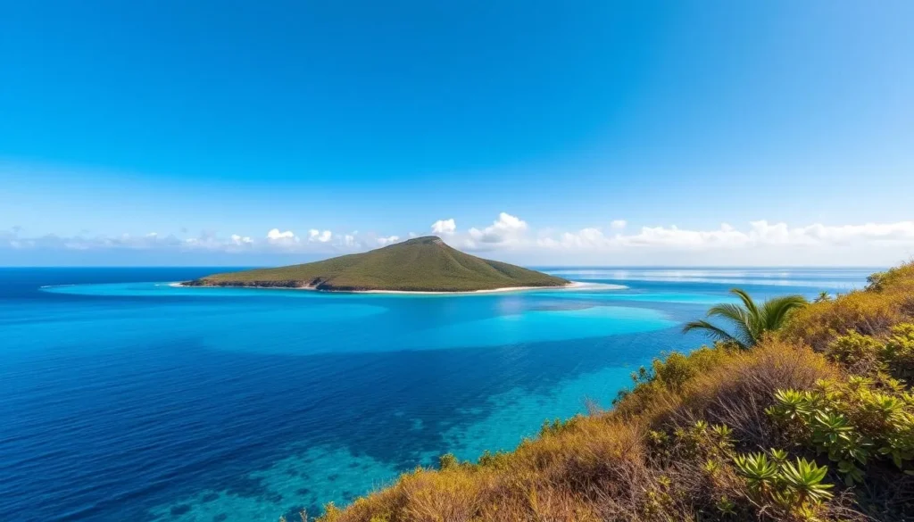Image of Isla Santa Clara with a clear blue sky and La Concha Bay in the background