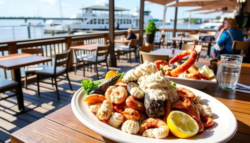 Image of JD Shuckers Georgetown's waterfront dining area with a platter of fresh seafood