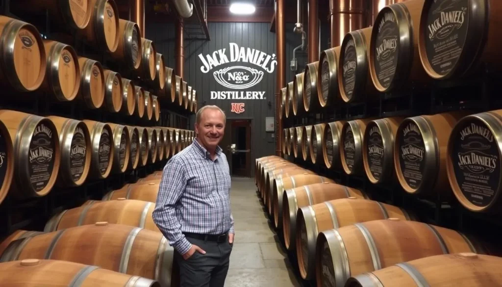 Image of Jack Daniel's Distillery with a tour guide and whiskey barrels Image of Jack Daniel's Distillery with a tour guide and whiskey barrels